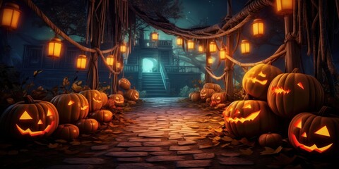 Pumpkin in Spooky Night, Jack O’ Lanterns, Halloween Background For Party Invitation. Generative Ai