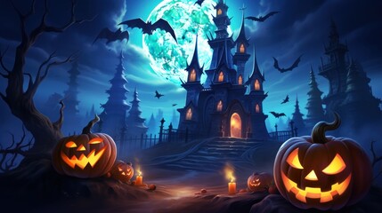 Halloween Background with Mystery Castle and Jack O Lantern Pumpkins. Generative Ai