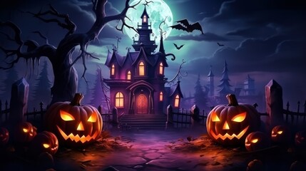 Halloween Background with Mystery Castle and Jack O Lantern Pumpkins. Generative Ai