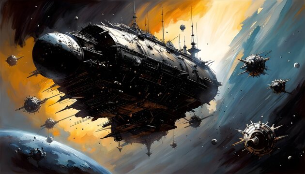 Oil painting of future space pirate and spaceship for design template. fantastic spaceship, Generative AI