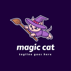 Vector Logo Illustration Magic Cat Mascot Cartoon Style.