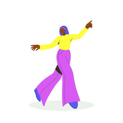 Fototapeta na wymiar Young black-skinned woman in trendy colorful flat style. Vector illustration. Funny character. Dynamic pose. Student in school or university. International day of young people