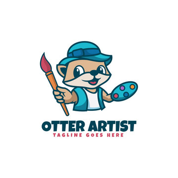 Vector Logo Illustration Otter Artist Mascot Cartoon Style.