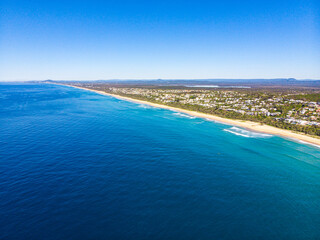 aerial panorama of beautiful coast of noosa national park; unique sandy beaches, cliffs and little bays with turquoise water near sunshine coast in south east queensland, australia	