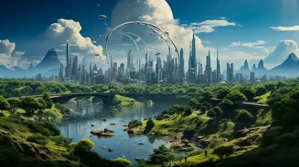 Fototapete Skyline Anime Futuristic City Skyline Scenery Utopia
