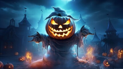 Scary Halloween Character Celebrating Halloween Party on Spooky Night Background. Generative AI