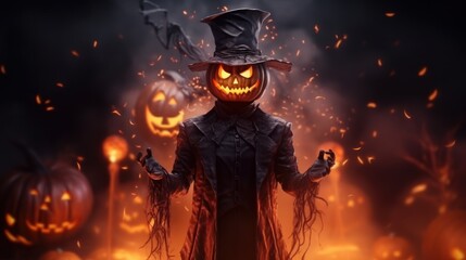 Obraz premium Scary Halloween Character Celebrating Halloween Party on Spooky Night Background. Generative AI