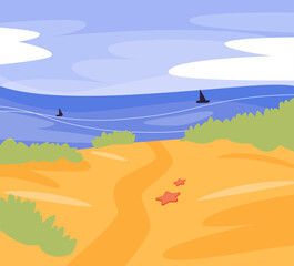 Naklejka na ściany i meble Vector cartoon style background of sea shore. Good sunny day.