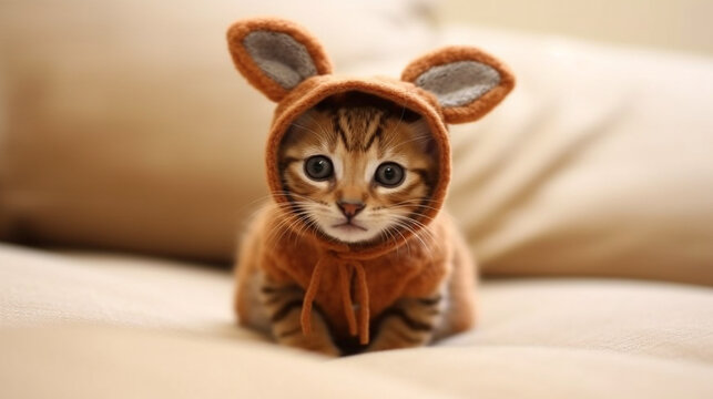 A heartwarming picture depicting a kitten adorned in a reindeer outfit. Generative AI