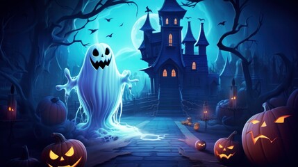 Cheerful Ghost Celebrating Halloween Party on Spooky Night Background. Generative AI