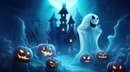 Cheerful Ghost Celebrating Halloween Party on Spooky Night Background. Generative AI