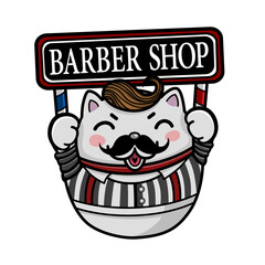 Lucky cat mustache logo style barber shop pattern illustration.	
