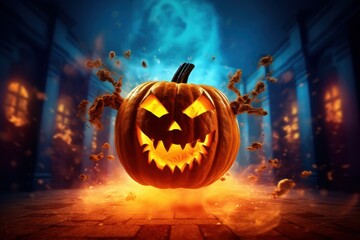 Pumpkin Headed in Spooky Night, Halloween Background For Party Celebration. Generative Ai