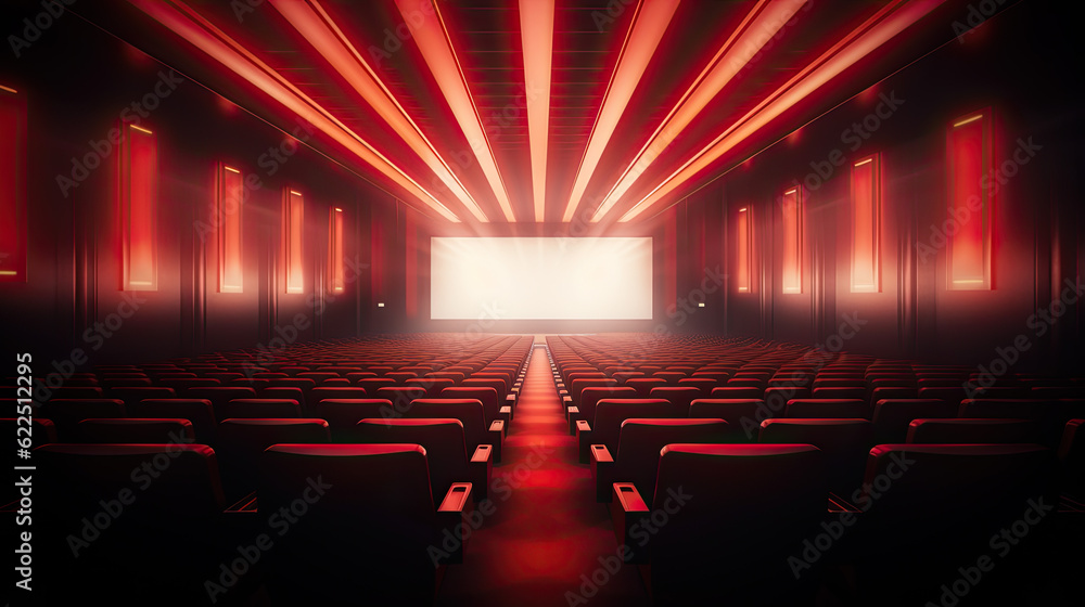 Poster an empty movie theater with a red screen and red seats. no people generative ai