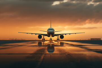 Fototapeta na wymiar Airplane on runway, front view of an aerial passenger ship at sunset