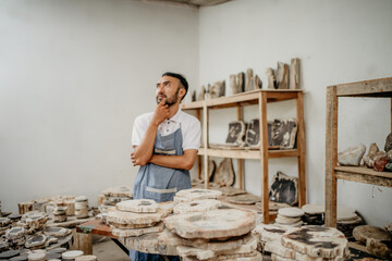 male entrepreneur with a thinking expression searching for ideas in a stone craft warehouse