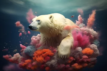 Foto op Aluminium Polar bear swimming and floating under water with multicolor reef and corals © Tony