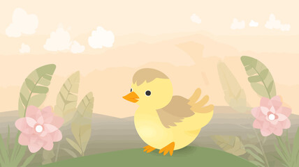 Vector illustration of cute bird and flower field.