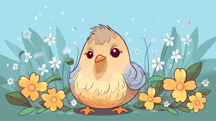 Vector illustration of cute bird and flower field.