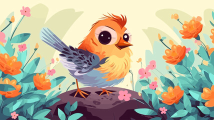 Vector illustration of cute bird and flower field.