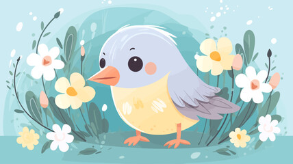 Vector illustration of cute bird and flower field.