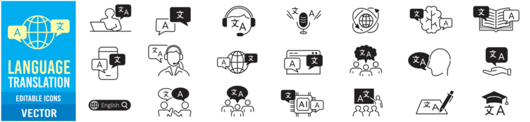 Language Translation Speaking Listening Writing Editable Icons collection Vector illustration © yukipon00