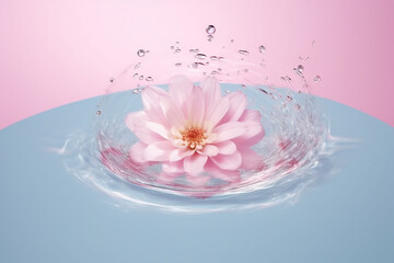 Naklejka na ściany i meble Light pink rose flower float or swirl on water surface create circle water splash with ripples, fresh water spa and relaxation concept