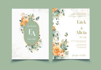 Fototapeta na wymiar FLoral watercolor wedding invitation vector template