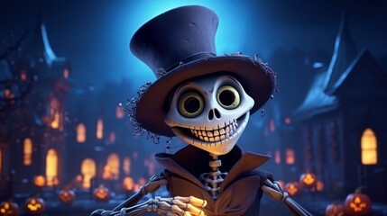 Happy Skeleton Celebrating Halloween Party on Spooky Night Background. Generative AI