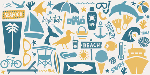 Beach Symbols and Icons | Retro Summer Vacation Illustration | Family Vacation Design | Vector Coastal Graphic | Oceanic Collection