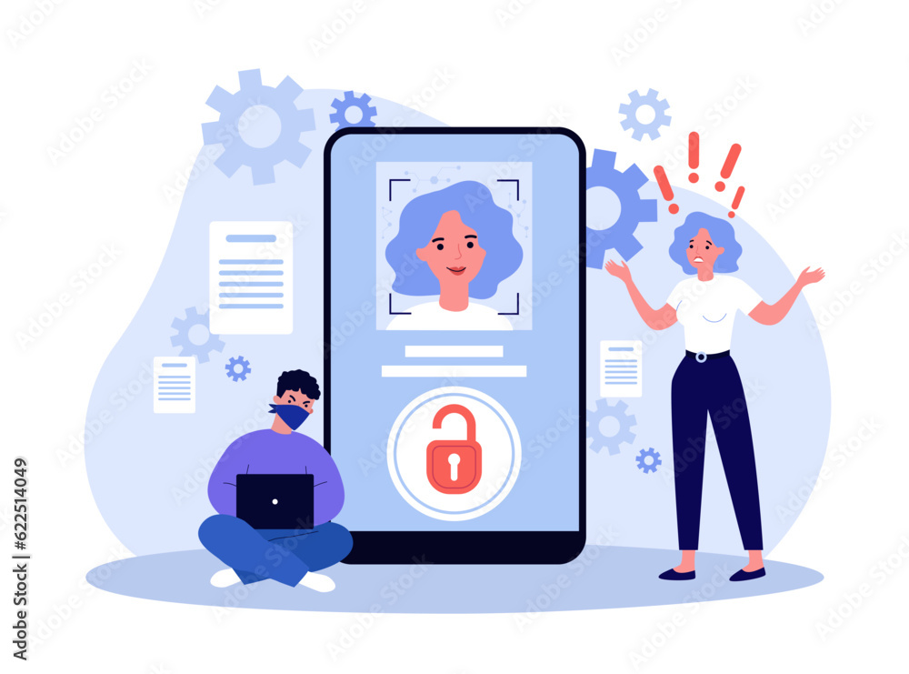 Poster hacker transferring user data via internet vector illustration. frustrated woman seeing her account 