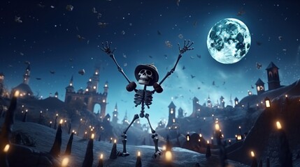 Happy Skeleton Celebrating Halloween Party on Spooky Night Background. Generative AI