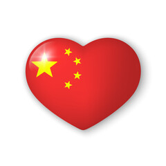 3d heart with flag of China. Glossy realistic vector element on white background with shadow underneath. Best for mobile apps, UI and web design.