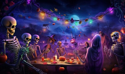 Skeletons Celebrating Halloween Party, Happy Halloween Background. Generative Ai