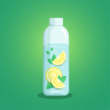 Bottle of water with slices of lime and mint leaves. Fresh, sparkling, cool flat vector illustration in green and blue colors. Best for web, print, branding design and promotion.