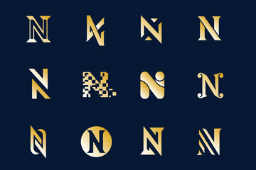 Set of N Logo gold simple modern logo collection with creative concept icon, premium vector isolated