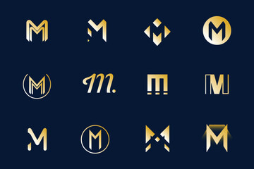 Set of M Logo gold simple modern logo collection with creative concept icon, premium vector isolated