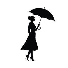 Silhouette woman with umbrella,  lady in fashion long dress clothes, Vector illustration.