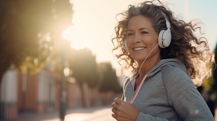 senior latin healthy woman. relax. exercise jog run. wearing headphones and smart watch. old woman with beautiful smile. GenerativeAI.