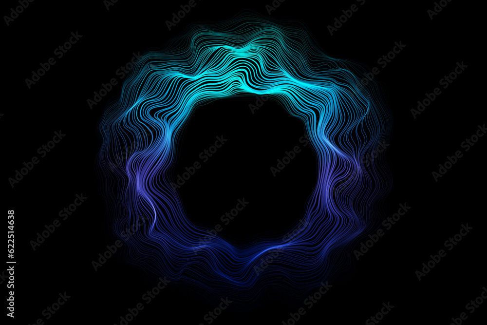 Aufkleber abstract 3d sphere flowing light lines wave blue green gradient isolated on black background. vector