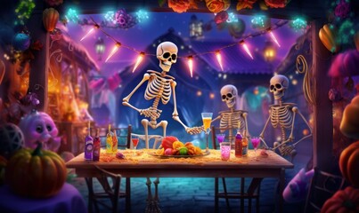 Skeletons Celebrating Halloween Party, Happy Halloween Background. Generative Ai