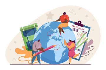 Tourists marking places to visit on globe vector illustration. People preparing for long term travel with plan, plane tickets and backpack. Travel wish list, tourism, summer concept