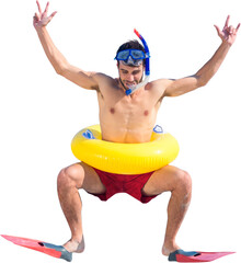 Digital png photo of caucasian man with snorkel, flippers and swim ring on transparent background © vectorfusionart