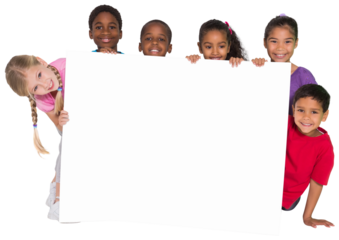 Digital png photo of diverse schoolchildren holding card with copy space on transparent background