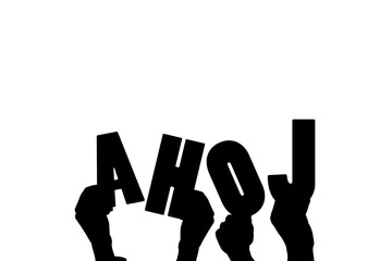 Digital png illustration of hands with ahoj text on transparent background - obrazy, fototapety, plakaty