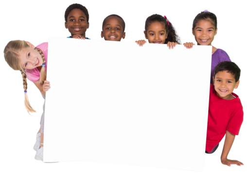 Digital png photo of diverse schoolchildren holding card with copy space on transparent background