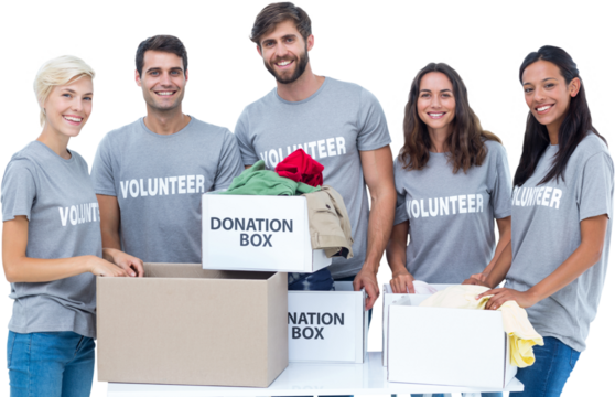 Digital png photo of diverse volunteers holding donation boxes on transparent background