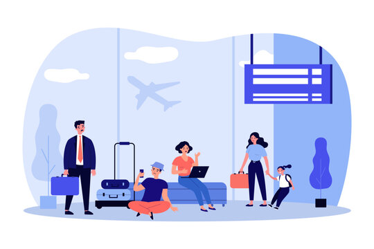 Worried passengers at airport vector illustration. Chaos at airport due to strike of workers, sad and angry men and women having problems while traveling. Traveling, workforce, stress concept