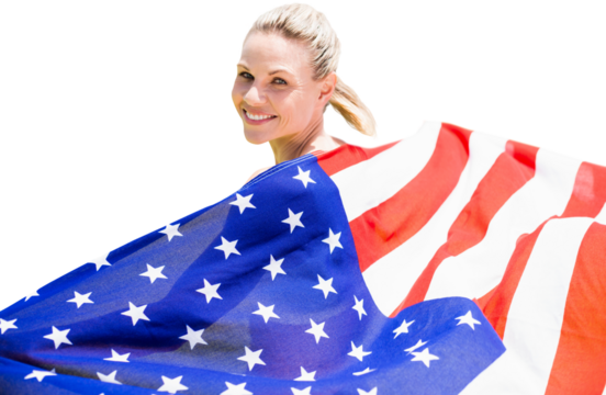 Digital png photo of caucasian woman holding flag of usa on transparent background