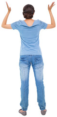 Digital png photo of rear view of biracial woman raising hands on transparent background